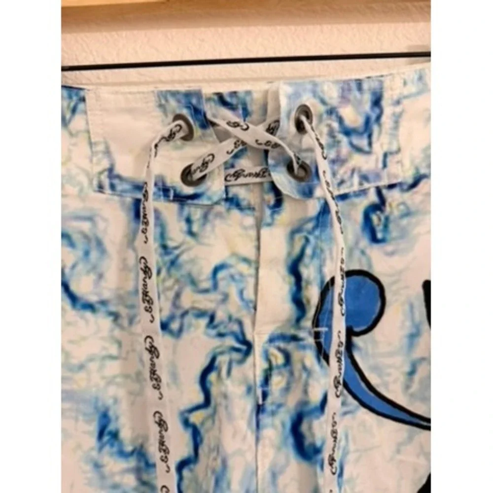 Ed Hardy Mens 36 BlueWhite Marble Love Kills Slowly Skull BoardShorts SwimTrunks